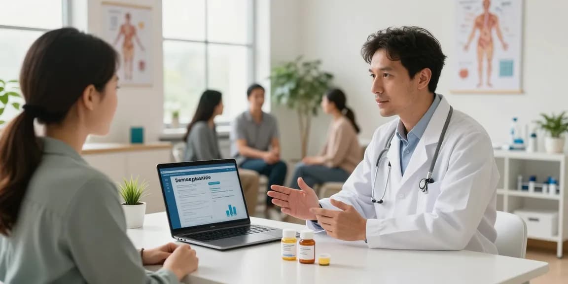Healthcare professional discussing semaglutide Canada options with a patient in a bright clinical setting.