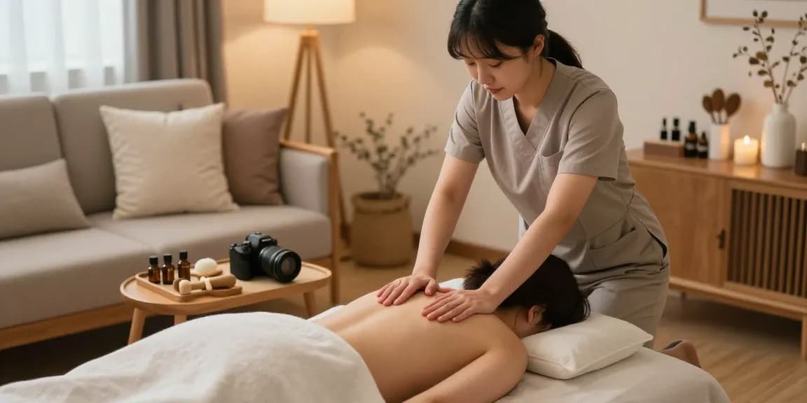 신림동출장마사지 experience in a serene home setting with a young therapist and client.